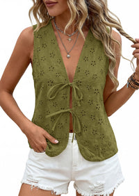 PRETTYGARDEN Women 2026 Summer Tie Front Eyelet Tank Tops Trendy Floral Vest Sleeveless V Neck Dressy Blouse Vacation Outfits PRETTYGARDEN