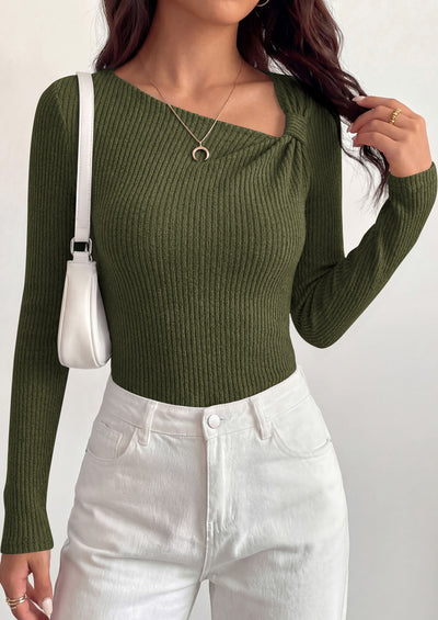 PRETTYGARDEN Womens 2026 Early Fall Fashion Long Sleeve T Shirts Asymmetrical Ribbed Fitted Trendy Going Out Tops Y2K Outfits
