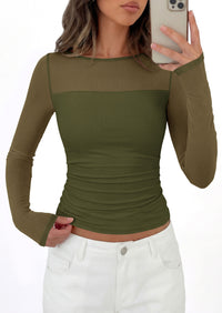 PRETTYGARDEN Women's 2026 Fall Long Sleeve T Shirts Sheer Mesh Boat Neck Ruched Fitted Going Out Summer Tops Fashion Clothing
