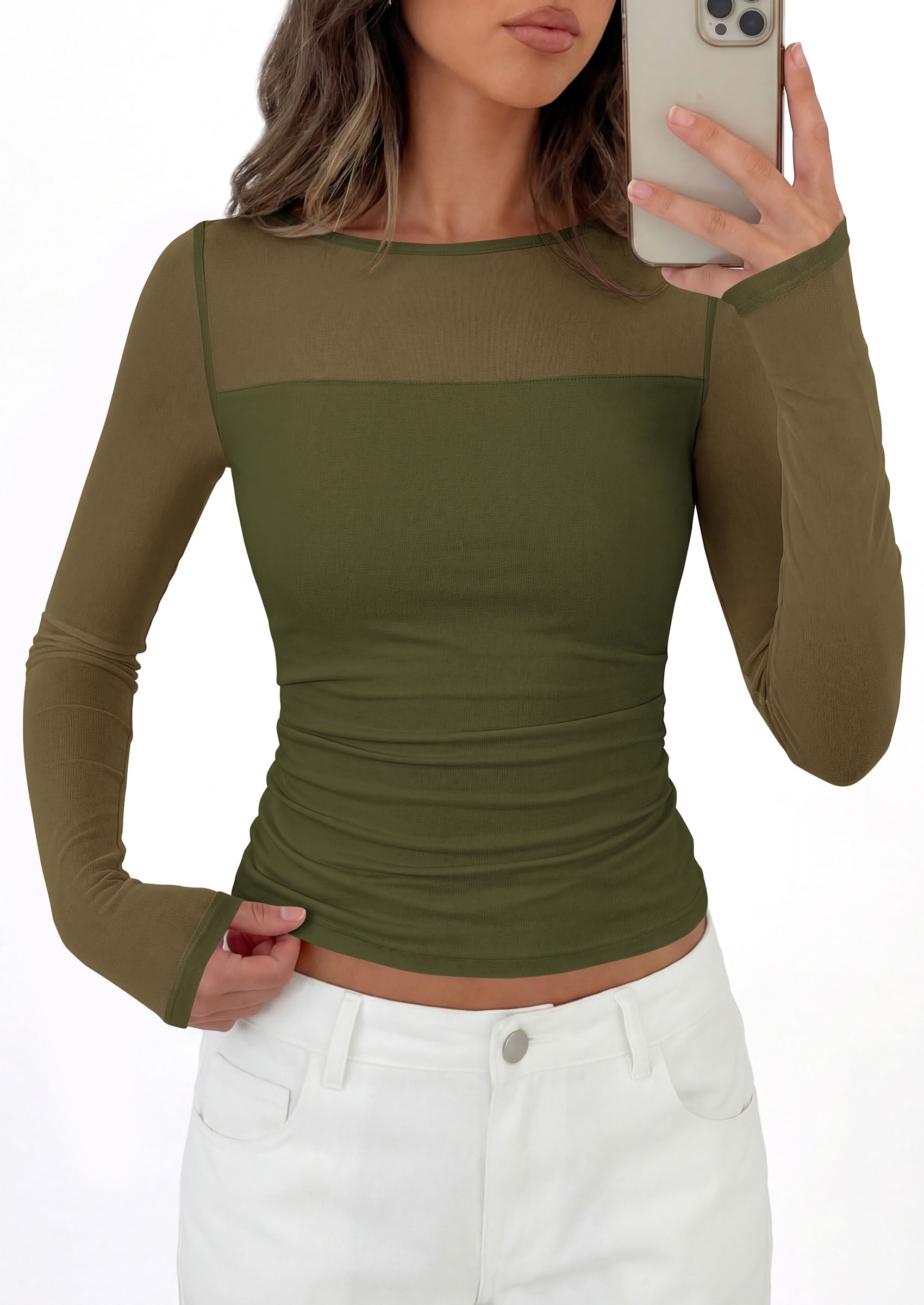 PRETTYGARDEN Women's 2026 Fall Long Sleeve T Shirts Sheer Mesh Boat Neck Ruched Fitted Going Out Summer Tops Fashion Clothing