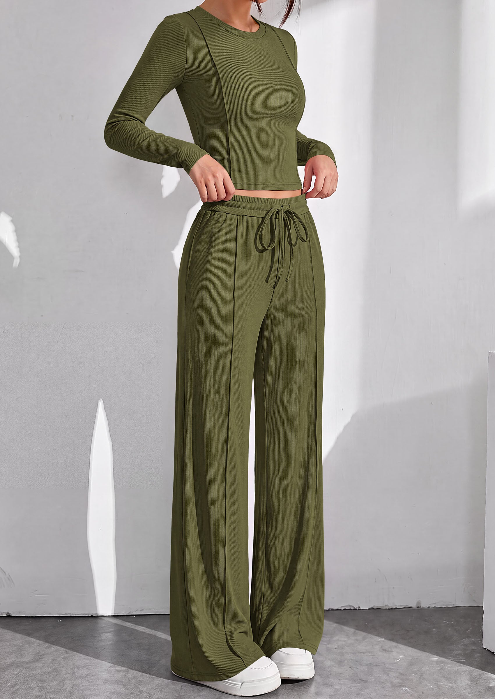 PRETTYGARDEN Womens 2 Piece Sets Long Sleeve Outfits  Soft Ribbed Knit, Loose Wide Leg Fit, Crop Top Drawstring High Waist Pants Set, Casual Lounge Travel, Matching Fall Clothes