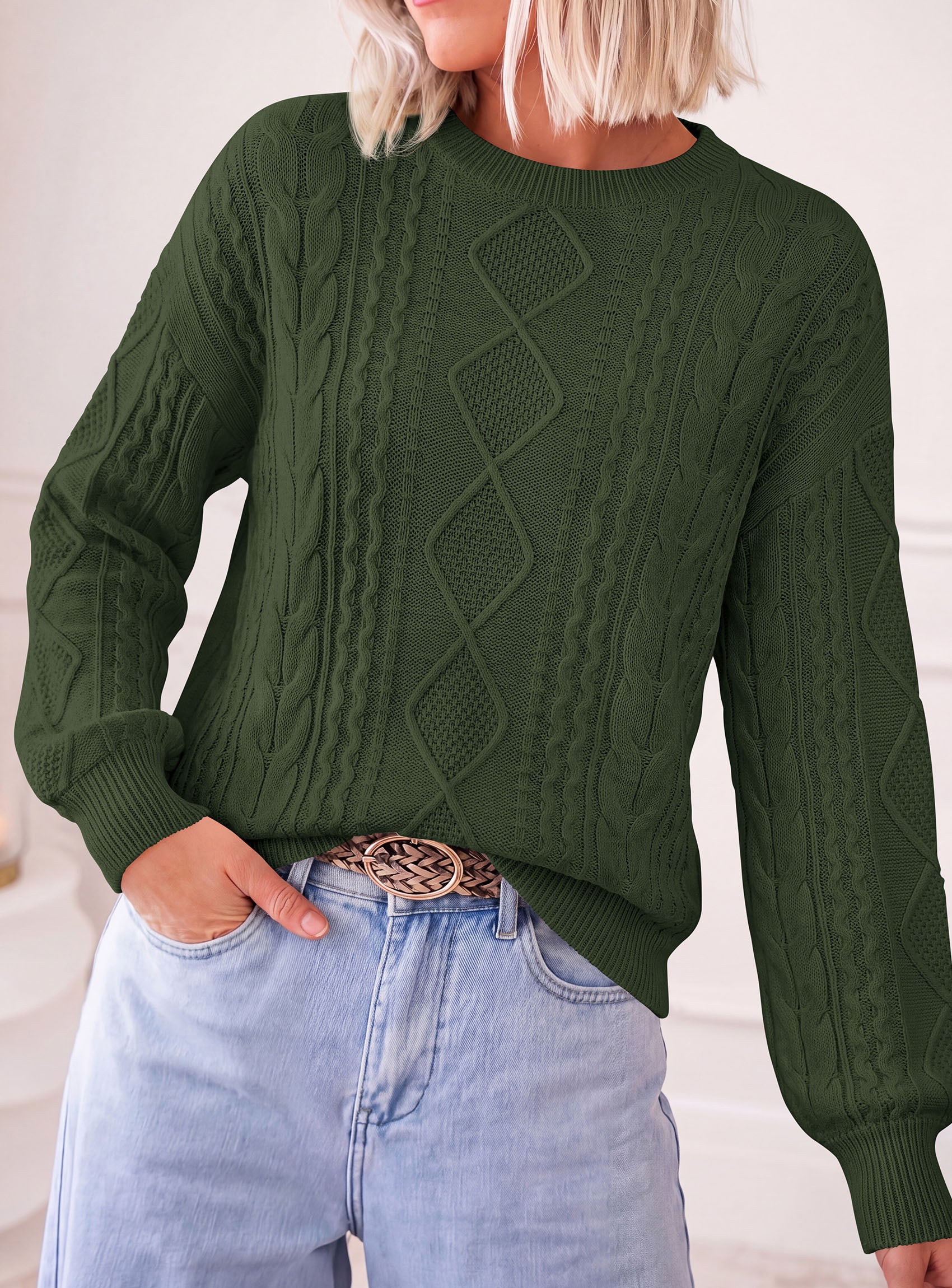 PRETTYGARDEN Womens Cable Knit Sweater Crewneck Pullover | Soft Ribbed Cuffs,Relaxed Fit Long Sleeve Sweaters,Chunky Diamond,Warm Layering,Comfy Daily Wear,Fall Winter Going out Top