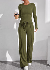 PRETTYGARDEN Womens 2 Piece Sets Long Sleeve Outfits  Soft Ribbed Knit, Loose Wide Leg Fit, Crop Top Drawstring High Waist Pants Set, Casual Lounge Travel, Matching Fall Clothes
