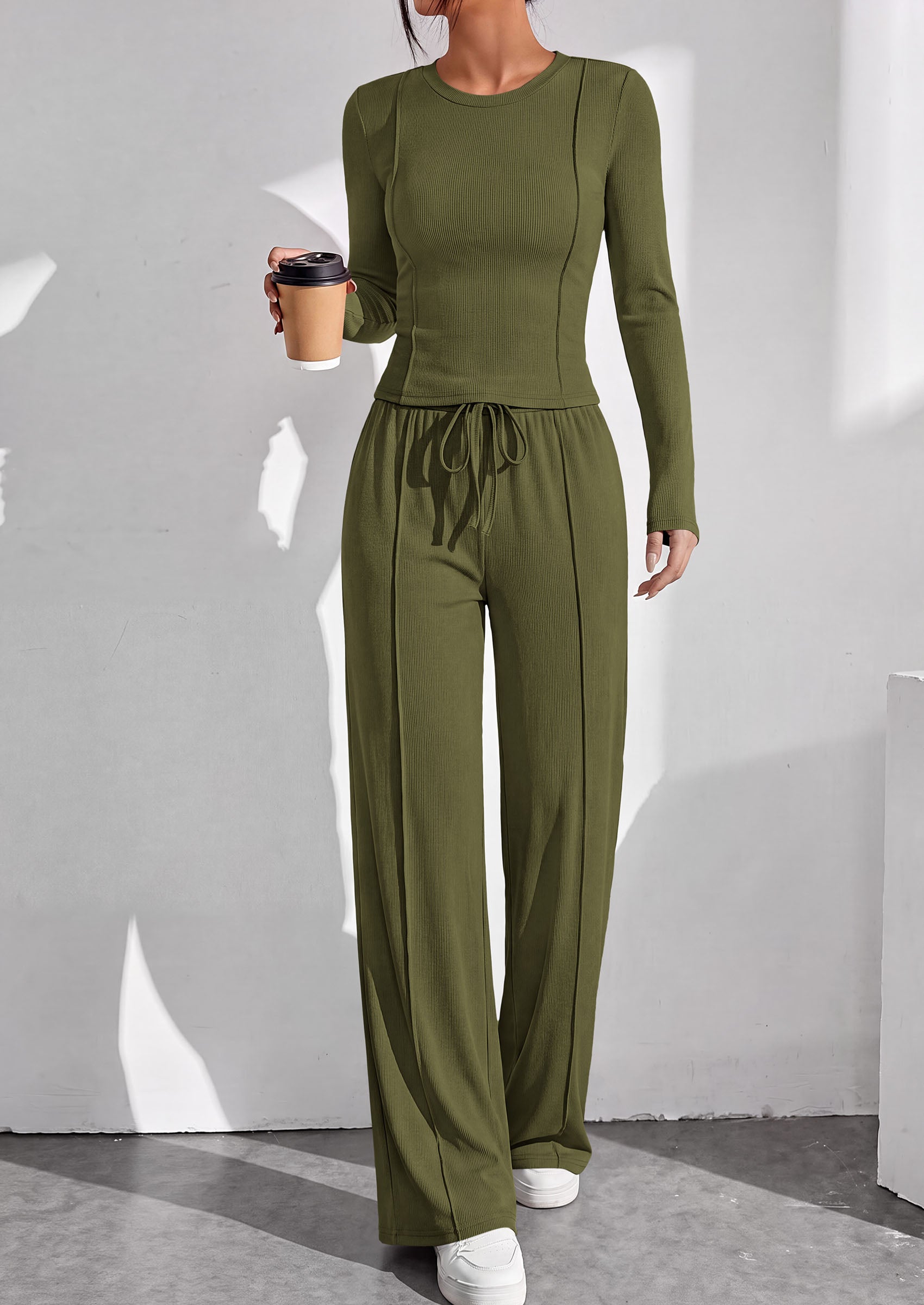 PRETTYGARDEN Womens 2 Piece Sets Long Sleeve Outfits  Soft Ribbed Knit, Loose Wide Leg Fit, Crop Top Drawstring High Waist Pants Set, Casual Lounge Travel, Matching Fall Clothes