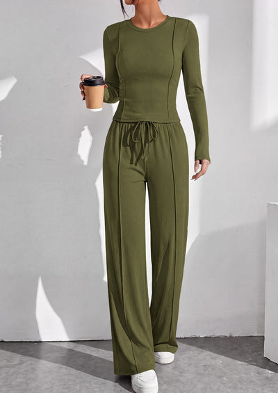 PRETTYGARDEN Womens 2 Piece Sets Long Sleeve Outfits  Soft Ribbed Knit, Loose Wide Leg Fit, Crop Top Drawstring High Waist Pants Set, Casual Lounge Travel, Matching Fall Clothes