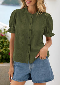 PRETTYGARDEN Womens Puff Short Sleeve Tops 2026 Summer Spring Button Down Boho Embroidered Cute Blouse Dressy Casual Shirts PRETTYGARDEN