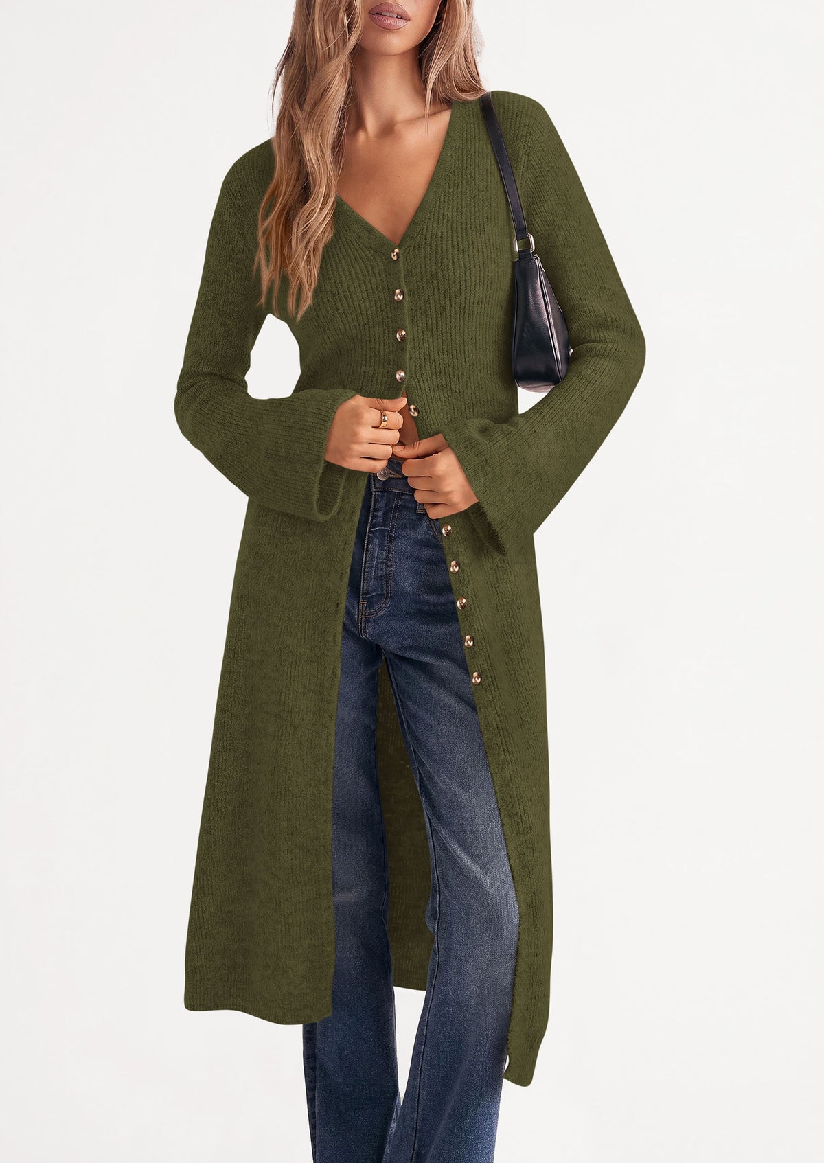 PRETTYGARDEN Women Long Cardigan Bell Sleeve Sweater Dress  Early Fall Fashion, V Neck Button Down Coats, Fit and Flare, Duster Sweater, Business Casual Outfits, Acrylic Cotton Blend