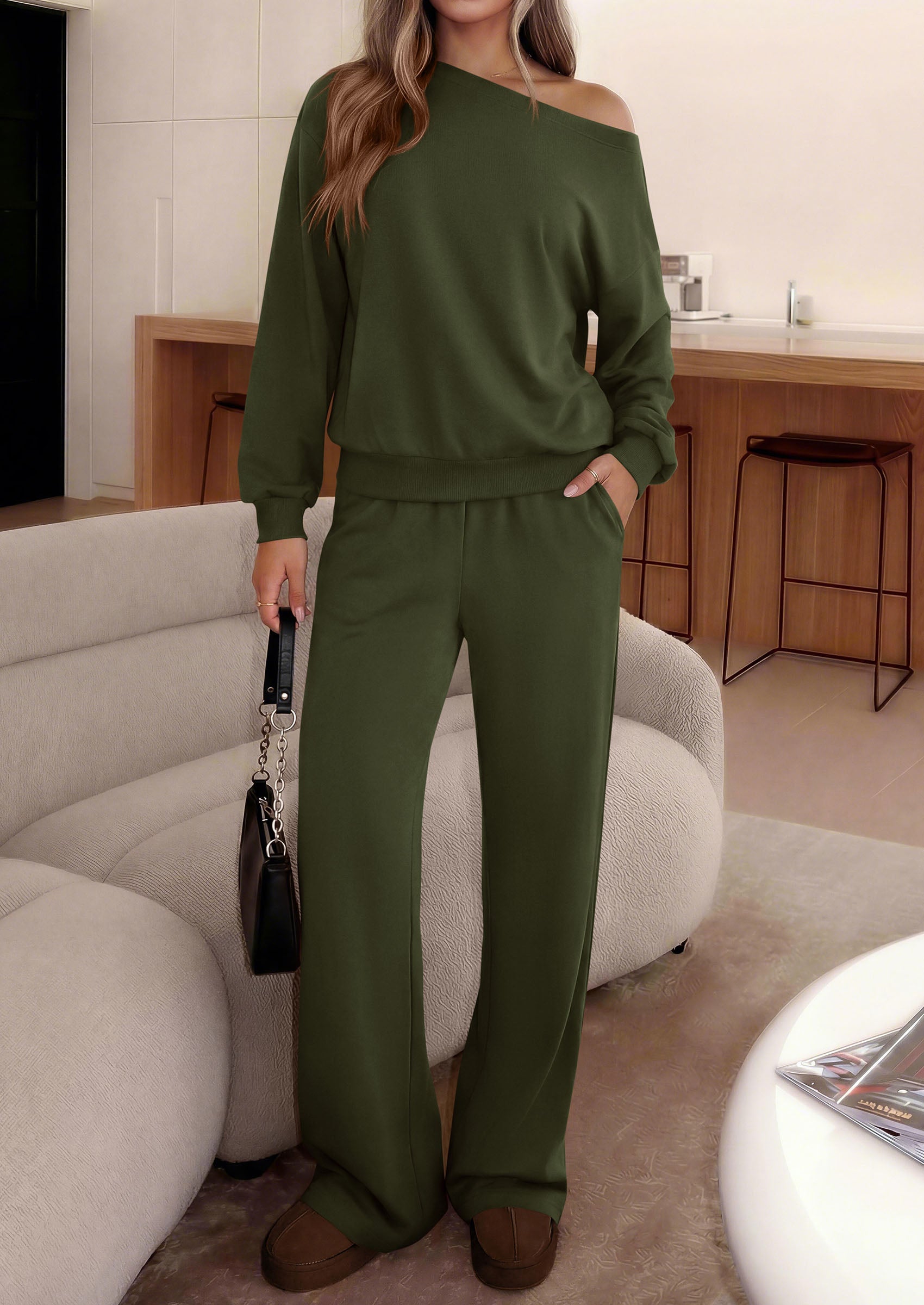 PRETTYGARDEN Womens 2 Piece Casual Matching Lounge Sets  Fashion Off the Shoulder Sweatshirt, Wide Leg Pants with Pockets, Comfy Airport Travel Outfit, 2026 Trendy Fall Set