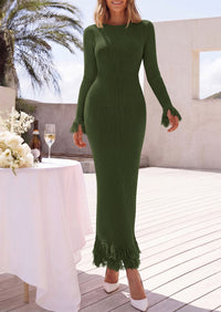 PRETTYGARDEN Womens Long Sleeve Bodycon Sweater Dress  Stretchy Ribbed Knit,Fringe Trim Cuffs & Hem,Slim Fit Crewneck,Date Night Outfits,Fall Winter Wedding Guest Cocktail Dresses