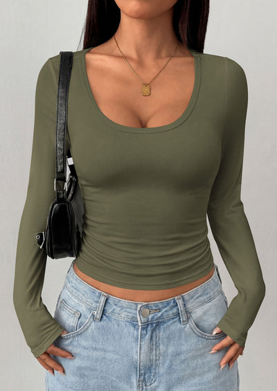 PRETTYGARDEN Womens Long Sleeve Tops 2026 Casual Scoop Neck Basic Tees Slim Fitted Tshirts Layer Knit Fall Outfits