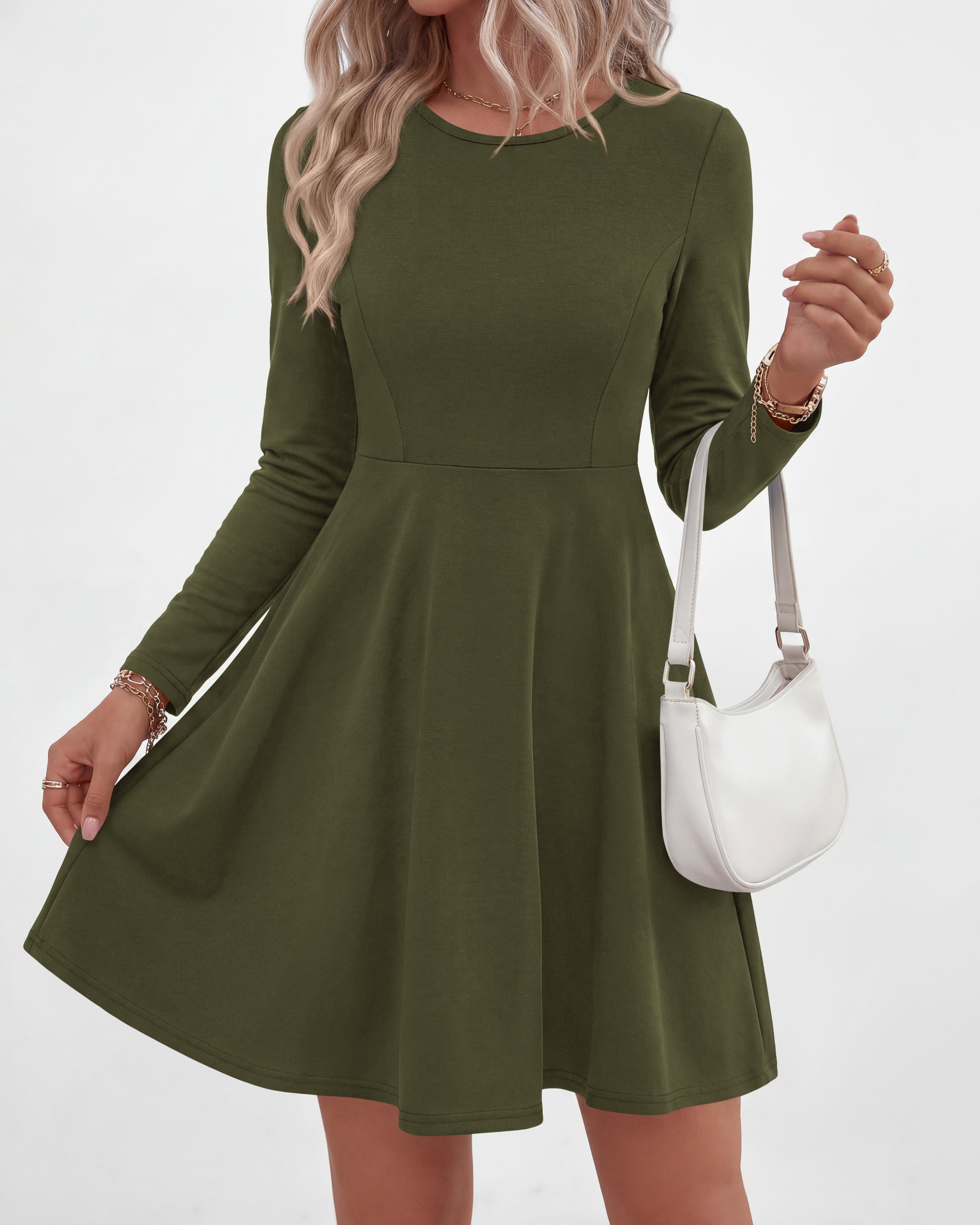 PRETTYGARDEN Women Basic Long Sleeve Crewneck Mini Dress