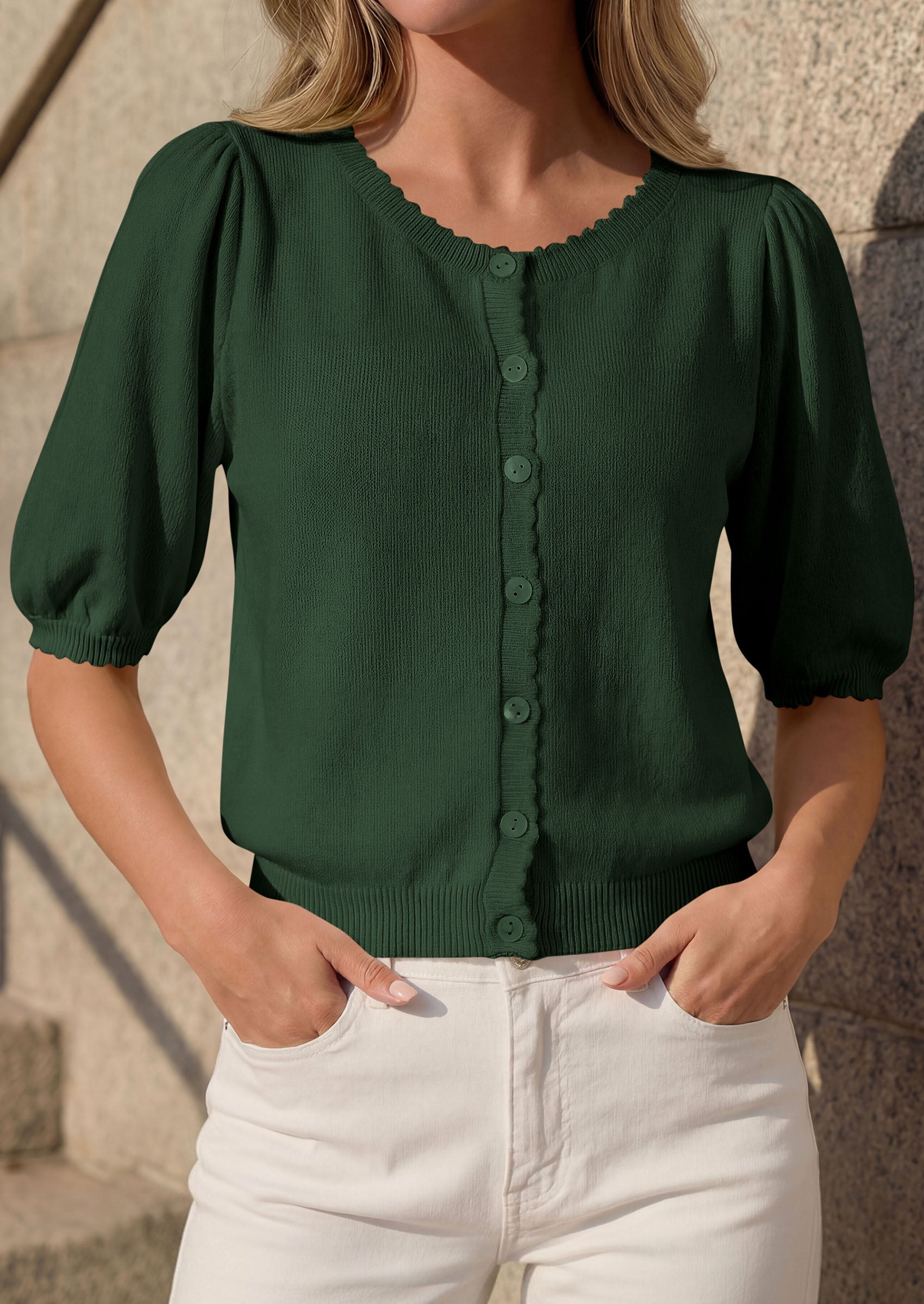 PRETTYGARDEN Puff Short Sleeve Cardigans for Women Lightweight 2026 Summer Shirts Button Up Knit Sweater Tops Spring Clothes PRETTYGARDEN