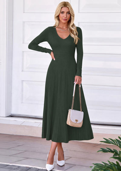 PRETTYGARDEN Women's Fall V Neck Pleated Midi Sweater Dress  Stretchy Ribbed Knit,Long Sleeve,A Line Flowy Skirt,Elegant Long Dresses for Wedding Guest,Work Office,Winter Party Outfits