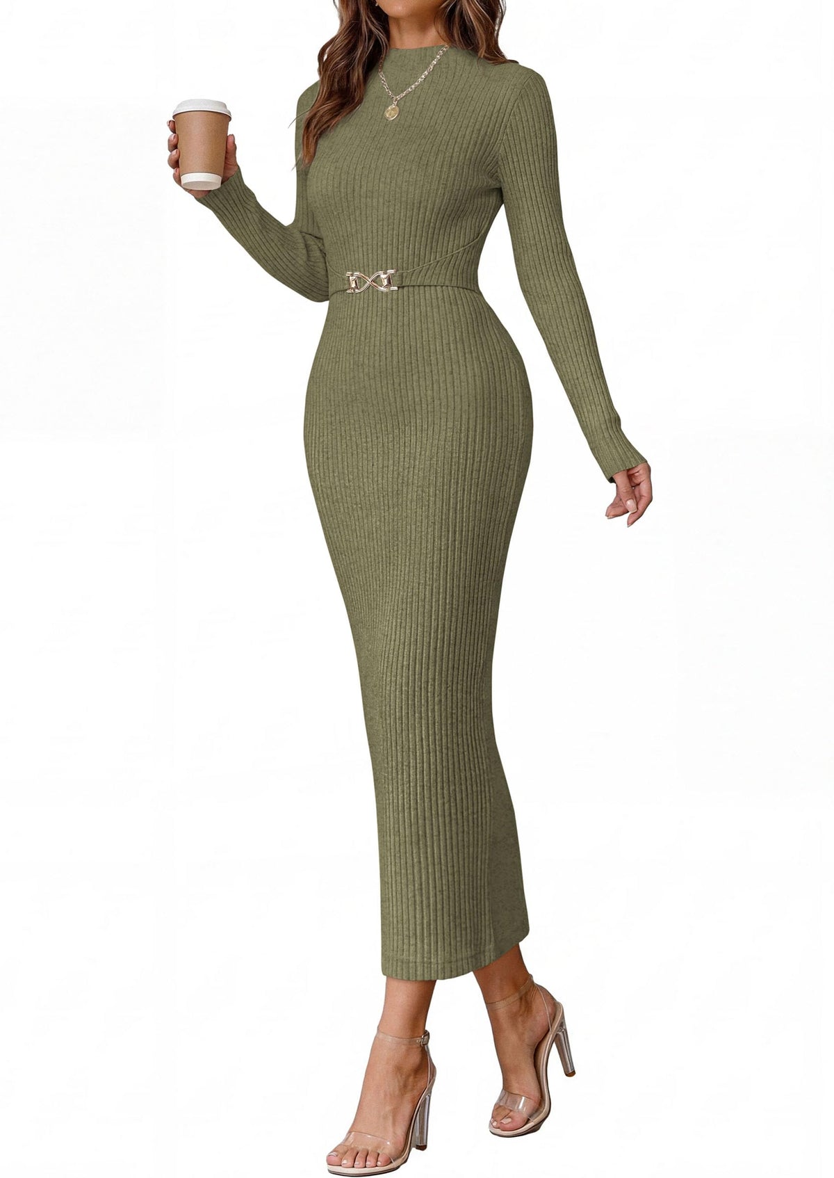 PRETTYGARDEN Women's Long Sleeve Bodycon Maxi Sweater Dress | Stretchy Rib Knit,Metal Buckle Waist,Back Slit,Work Cocktail Holiday Party Outfits,Fall Winter Winter Wedding Guest Dresses
