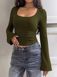 PRETTYGARDEN Womens Long Bell Sleeve Going Out Tops Fall Fashion 2026 Square Neck Ruched Ribbed Shirts Winter Y2K Clothes