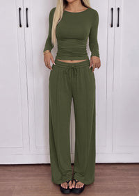 PRETTYGARDEN Women's Matching Lounge Sets 2 Piece Outfits  Boat Neck Long Sleeve , Wide Leg Pants Pockets, Ruched Waist, Travel Airport Resort Wear, Casual Fall Fashion Clothing