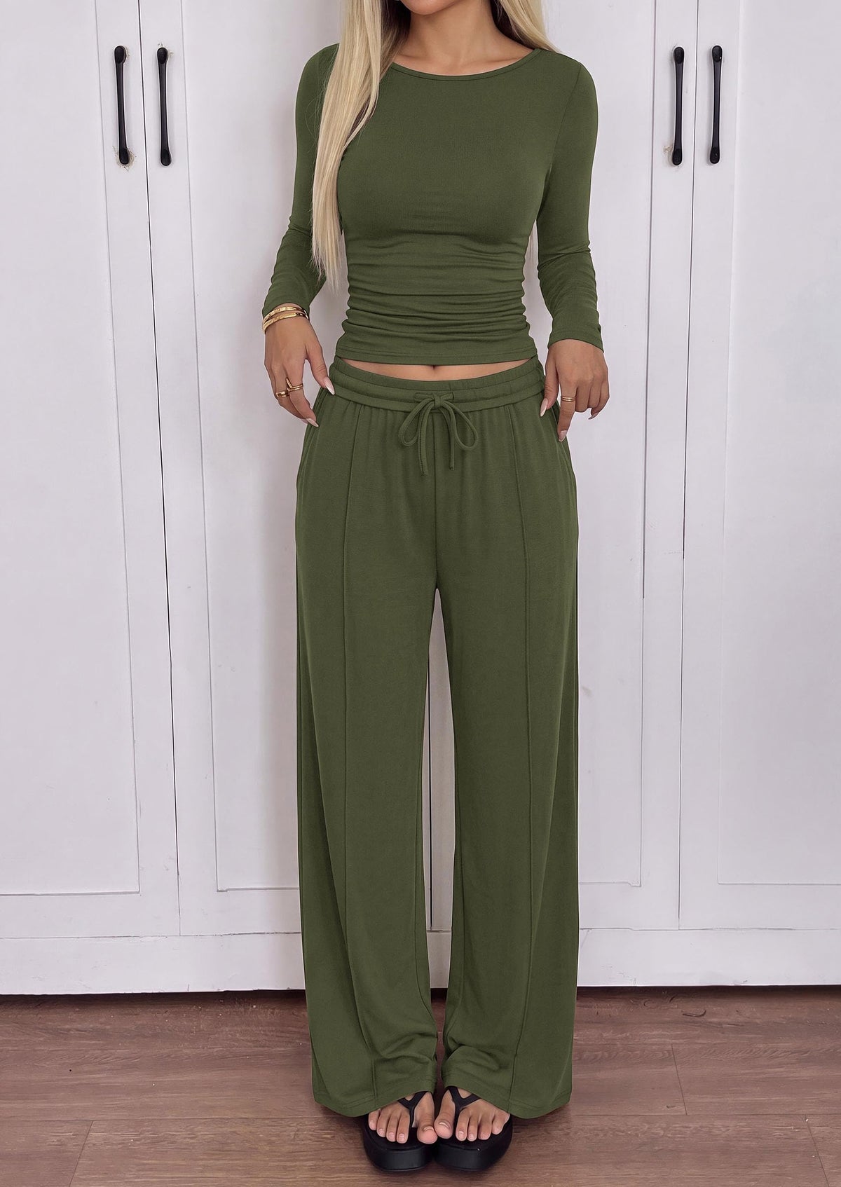 PRETTYGARDEN Women's Matching Lounge Sets 2 Piece Outfits  Boat Neck Long Sleeve , Wide Leg Pants Pockets, Ruched Waist, Travel Airport Resort Wear, Casual Fall Fashion Clothing