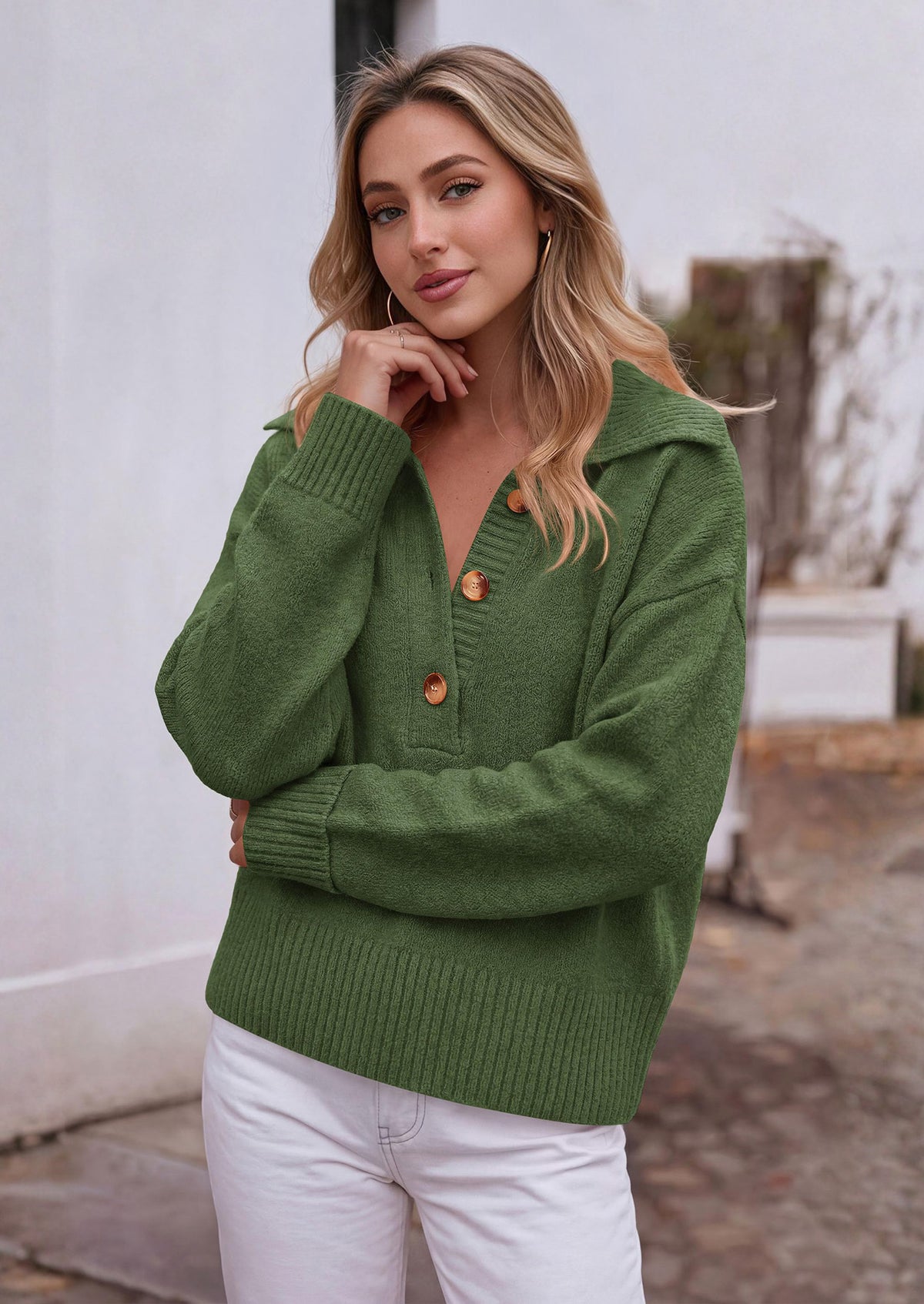PRETTYGARDEN Womens Fall Long Sleeve Sweaters Button up V Neck Polo Shirts | Quarter Button Collared Tops, Ribbed Knit Comfy Shirts, Relaxed Fit Sweater Tops, Casual Fall Outfits for Women 2026