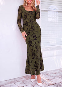 PRETTYGARDEN Women's Long Sleeve Floral Maxi Bodycon Dress  Cocktail Dresses for Wedding Guest, Square Neck, Stretchy Mesh, Elegant Classy, Formal Holiday Party, Fall Date Night Outfits