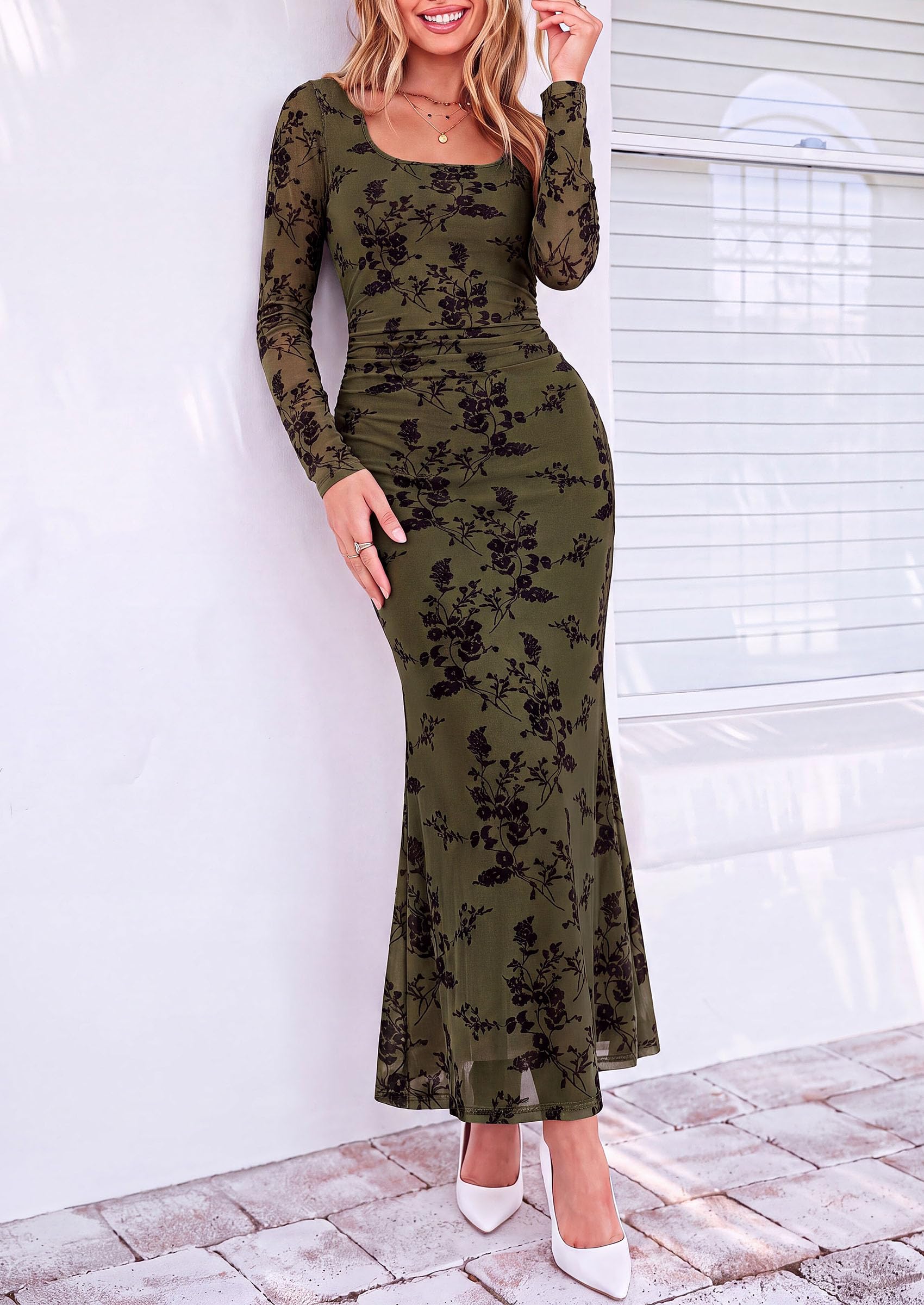 PRETTYGARDEN Women's Long Sleeve Floral Maxi Bodycon Dress  Cocktail Dresses for Wedding Guest, Square Neck, Stretchy Mesh, Elegant Classy, Formal Holiday Party, Fall Date Night Outfits