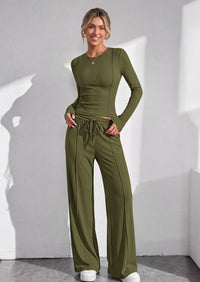 PRETTYGARDEN Womens 2 Piece Sets Long Sleeve Outfits  Soft Ribbed Knit, Loose Wide Leg Fit, Crop Top Drawstring High Waist Pants Set, Casual Lounge Travel, Matching Fall Clothes