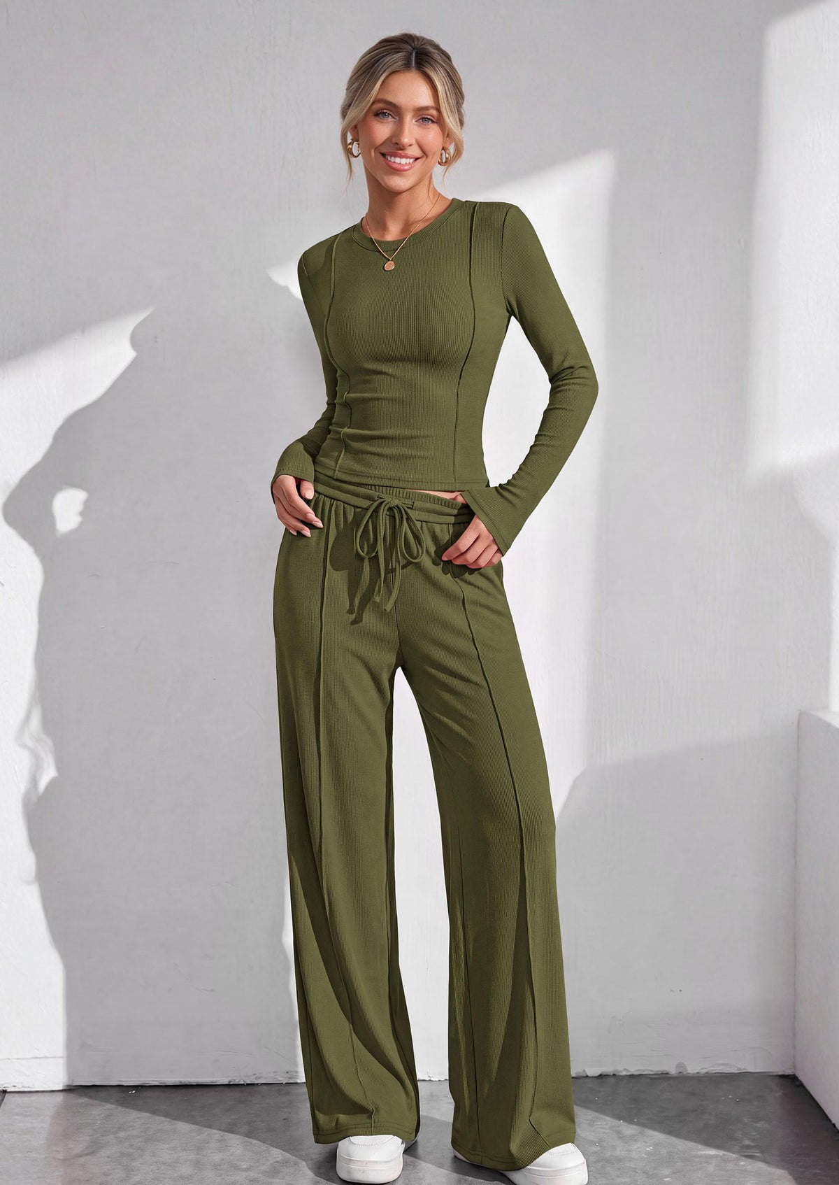 PRETTYGARDEN Womens 2 Piece Sets Long Sleeve Outfits  Soft Ribbed Knit, Loose Wide Leg Fit, Crop Top Drawstring High Waist Pants Set, Casual Lounge Travel, Matching Fall Clothes