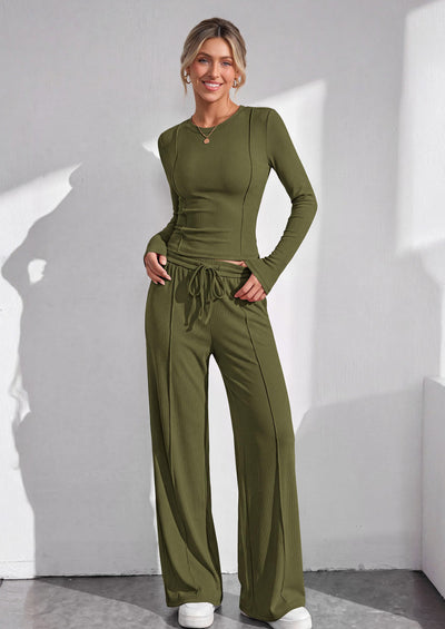 PRETTYGARDEN Womens 2 Piece Sets Long Sleeve Outfits  Soft Ribbed Knit, Loose Wide Leg Fit, Crop Top Drawstring High Waist Pants Set, Casual Lounge Travel, Matching Fall Clothes