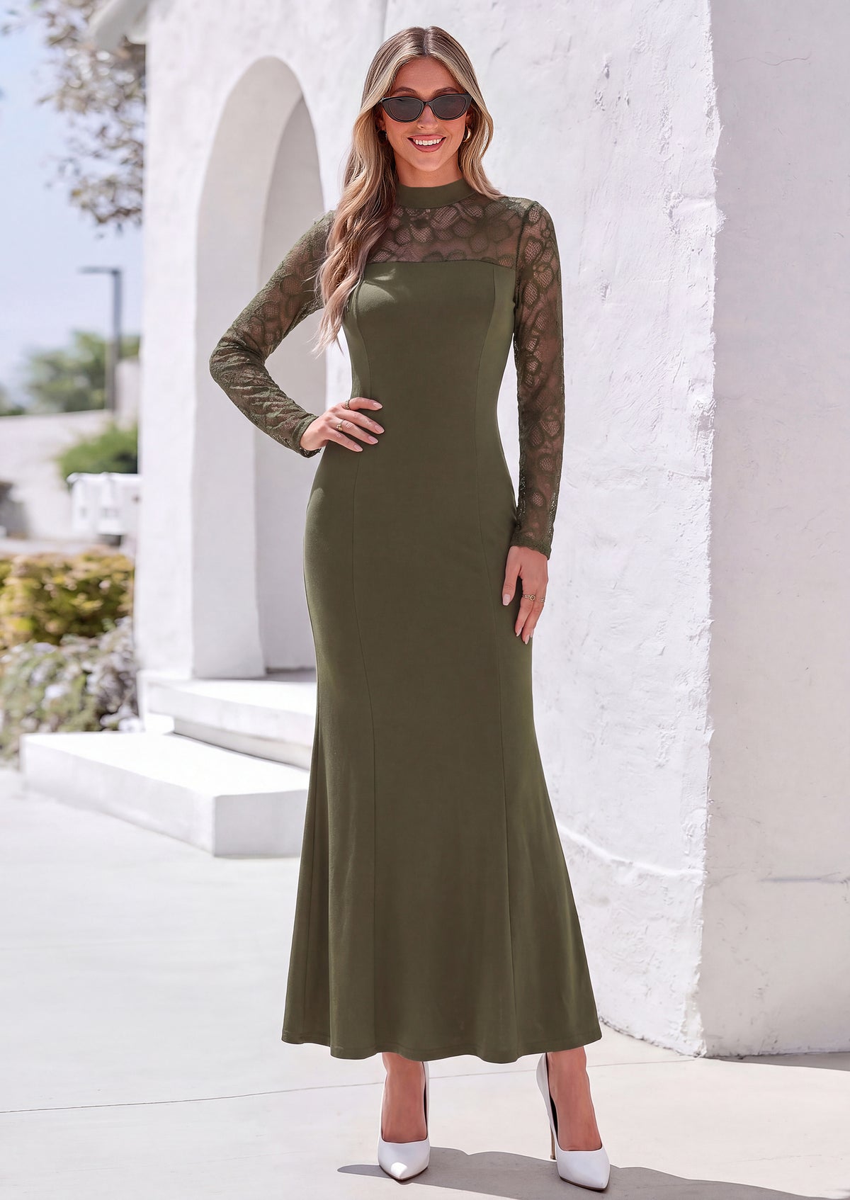 PRETTYGARDEN Women's Fall Lace Sheer Dress Bodycon Maxi Cocktail Dresses  Long Sleeve, Patchwork Mock Neck, Slim Fit, Elegant Mermaid, Semi Formal Outfits for Wedding Guest, Evening, Birthday Party