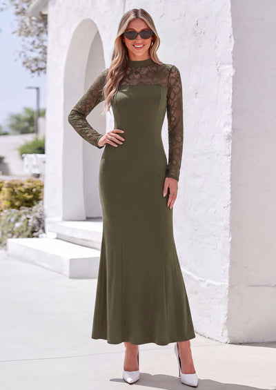 PRETTYGARDEN Women's Fall Lace Sheer Dress Bodycon Maxi Cocktail Dresses  Long Sleeve, Patchwork Mock Neck, Slim Fit, Elegant Mermaid, Semi Formal Outfits for Wedding Guest, Evening, Birthday Party