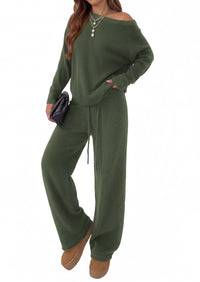 PRETTYGARDEN Lounge Sets Womens Two Piece Outfits  Cozy Boat Neck Long Sleeve , Wide Leg Pants with Drawstring, Casual Fall Fashion 2026 Airport & Travel, Knit Matching Set