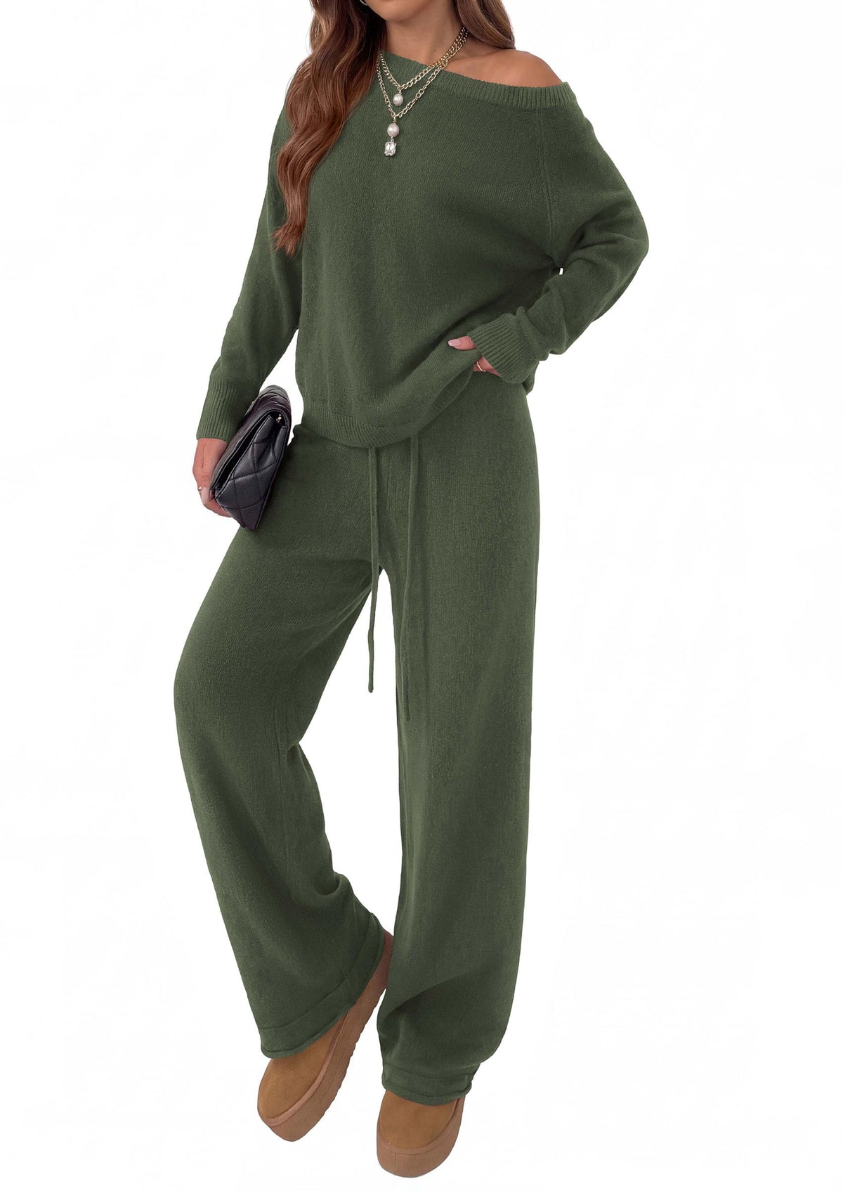 PRETTYGARDEN Lounge Sets Womens Two Piece Outfits  Cozy Boat Neck Long Sleeve , Wide Leg Pants with Drawstring, Casual Fall Fashion 2026 Airport & Travel, Knit Matching Set
