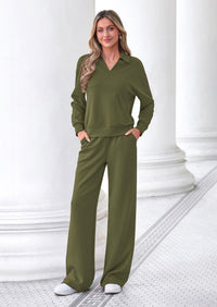PRETTYGARDEN Womens Sweatsuits 2 Piece Outfits Matching Sets | Wide Leg Sweatpants & Polo V Neck Sweatshirt, Lounge Set, Comfy Airport Travel Outfits, Track suits, Fall Winter Clothes