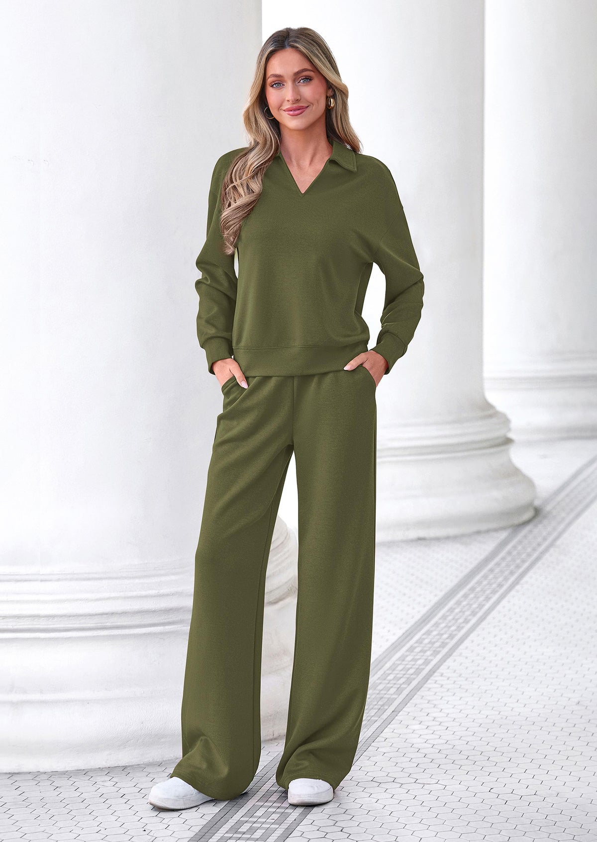 PRETTYGARDEN Womens Sweatsuits 2 Piece Outfits Matching Sets | Wide Leg Sweatpants & Polo V Neck Sweatshirt, Lounge Set, Comfy Airport Travel Outfits, Track suits, Fall Winter Clothes