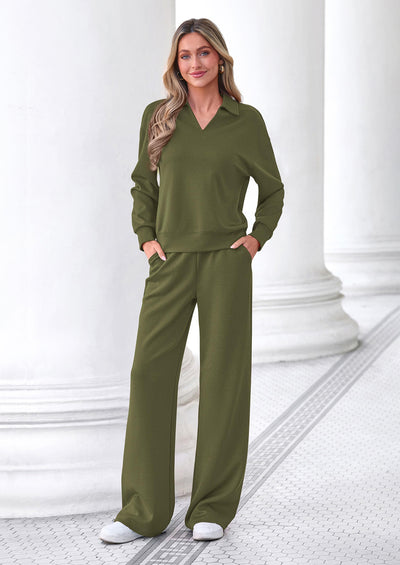PRETTYGARDEN Womens Sweatsuits 2 Piece Outfits Matching Sets | Wide Leg Sweatpants & Polo V Neck Sweatshirt, Lounge Set, Comfy Airport Travel Outfits, Track suits, Fall Winter Clothes