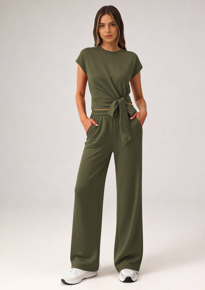 PRETTYGARDEN 2 Piece Matching Lounge Sets For Women Summer Short Sleeve Tie Front Crop Tops Casual Wide Leg Pants Tracksuit PRETTYGARDEN