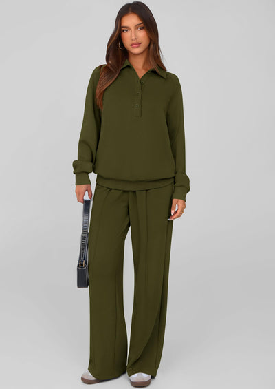 PRETTYGARDEN Women Fall 2 Piece Outfits Sweatsuits Quarter Button Long Sleeve Sweatshirt Wide Leg Pants Tracksuit Lounge Sets