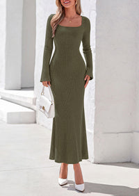 PRETTYGARDEN Women's Fall Long Sleeve Maxi Bodycon Dresses | Soft Stretchy Ribbed Knit, Bell Sleeve Square Neck Mermaid, Elegant Long Dress, Wedding Guest Party, 2026 Winter Clothing