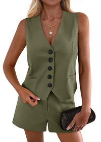 PRETTYGARDEN 2 Piece Sets for Women Spring Fashion Button Vest Tops High Waist Shorts Summer Business Casual Outfits PRETTYGARDEN