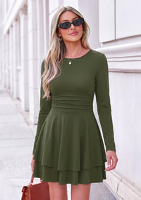 PRETTYGARDEN Womens Fit and Flare Crewneck Long Sleeve Mini Dress | Ruched Waist,Tiered Ruffle Hem,Flowy Short Sundress,Party Cocktail Homecoming Dresses,Date Night Semi Formal Cruise Outfits