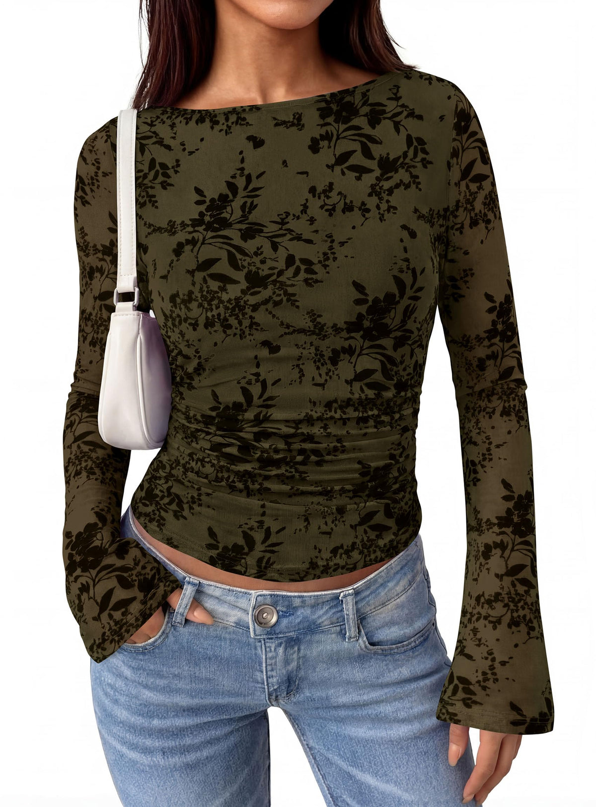 PRETTYGARDEN Women's Bell Sleeve Floral Mesh Crop Tops | Slim Fitted Shirts, Long Sleeve Going Out Top, Ruched Front, Boat Neck, Casual Blouses, Fall Date Night Outfits, Y2K Clothes