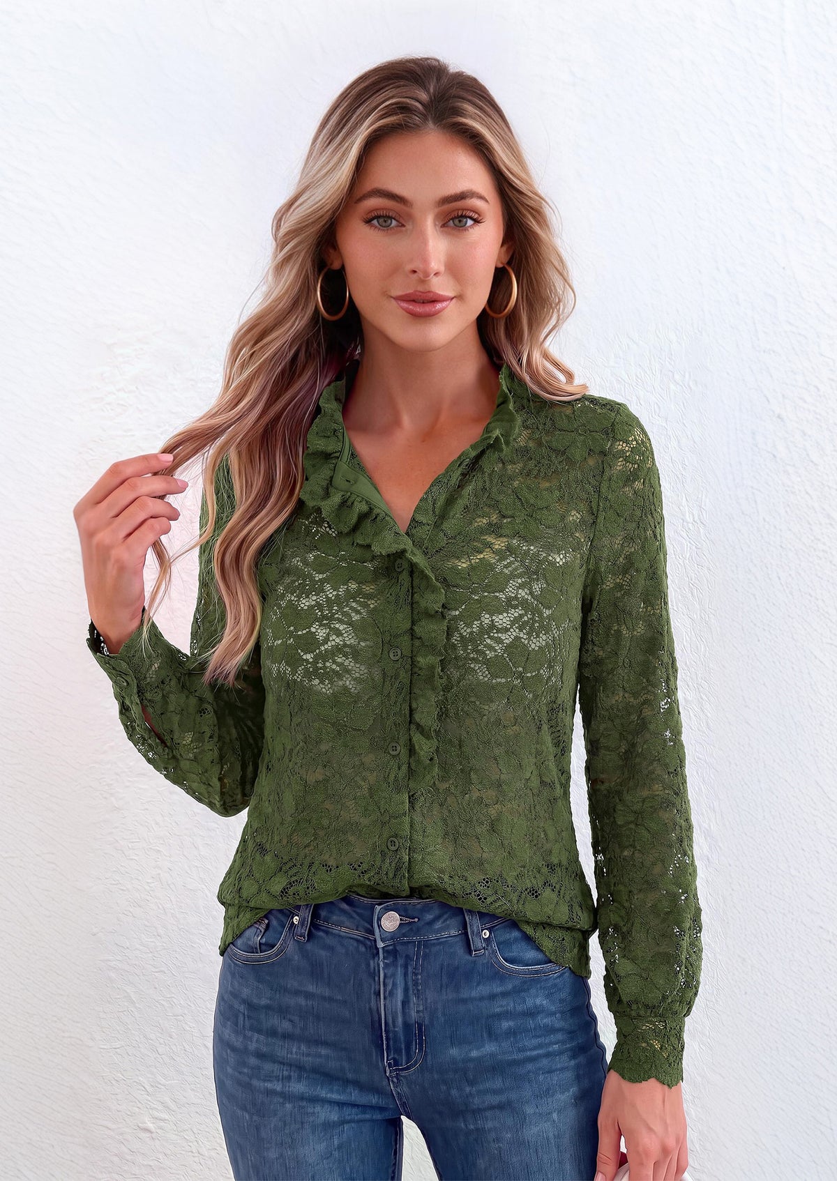 PRETTYGARDEN Women Lace Tops Button Down Long Sleeve Shirts  | Sheer Lace Button Shirts, Elegant Ruffle Collar Blouses, Eyelet Tops Dressy Casual, Date Night Outfit, Fall Fashion Clothing