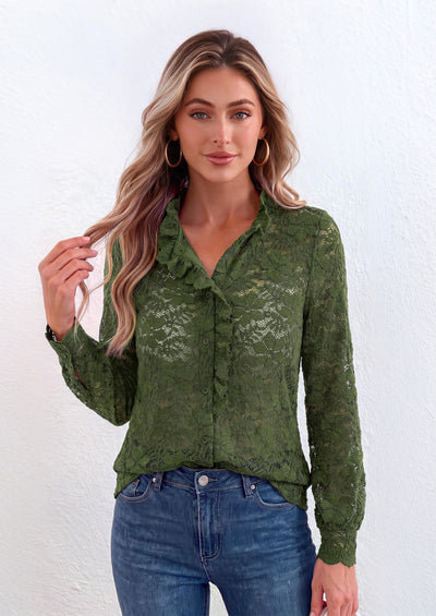 PRETTYGARDEN Women Lace Tops Button Down Long Sleeve Shirts  | Sheer Lace Button Shirts, Elegant Ruffle Collar Blouses, Eyelet Tops Dressy Casual, Date Night Outfit, Fall Fashion Clothing