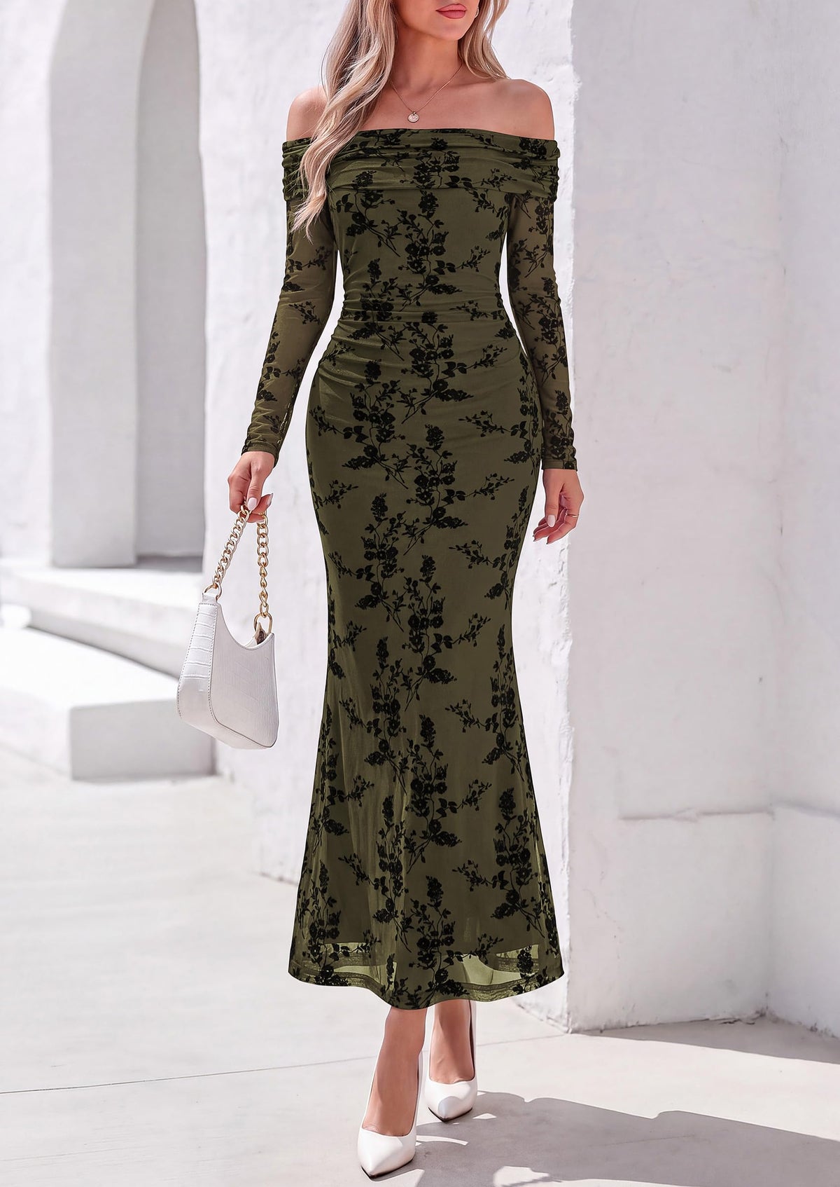 PRETTYGARDEN Womens Off Shoulder Floral Maxi Wedding Guest Dress  Mesh Slim Fit,Elegant Bodycon,Formal Party Cocktail Dress,Bridal Shower Baby Shower,Date Night Outfits,Vacation Long Dresses