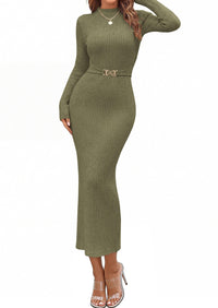 PRETTYGARDEN Women's Long Sleeve Bodycon Maxi Sweater Dress | Stretchy Rib Knit,Metal Buckle Waist,Back Slit,Work Cocktail Holiday Party Outfits,Fall Winter Winter Wedding Guest Dresses