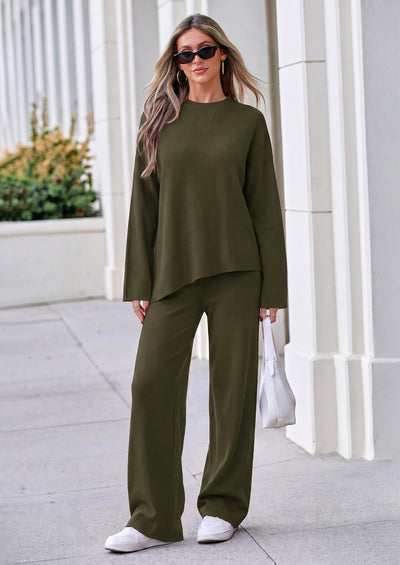 PRETTYGARDEN Womens Fall 2 Piece Asymmetric Cozy Sweater Travel Lounge Sets  Crewneck Drop Shoulder, Soft Casual Knit Matching Set, Vacation Airport Holiday Outfits, Winter Clothing