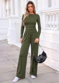 PRETTYGARDEN Women's Matching Lounge Sets 2 Piece Outfits  Boat Neck Long Sleeve , Wide Leg Pants Pockets, Ruched Waist, Travel Airport Resort Wear, Casual Fall Fashion Clothing