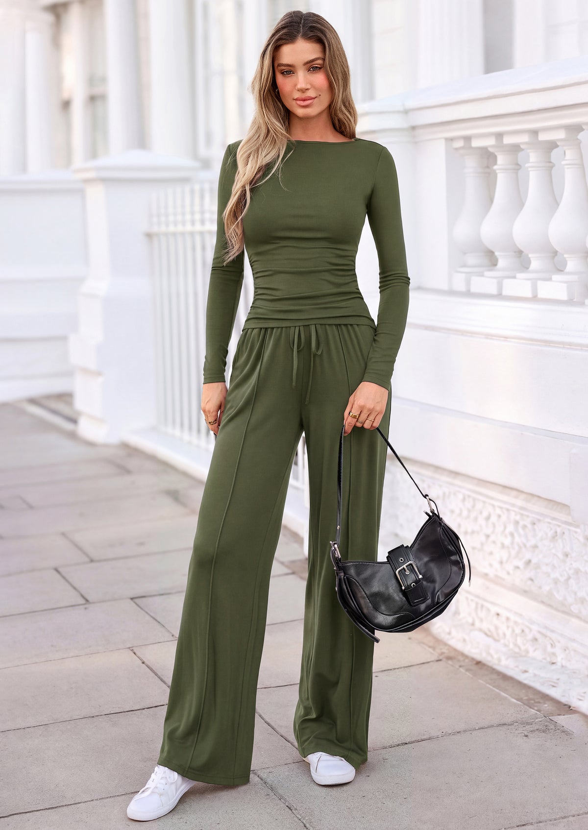 PRETTYGARDEN Women's Matching Lounge Sets 2 Piece Outfits  Boat Neck Long Sleeve , Wide Leg Pants Pockets, Ruched Waist, Travel Airport Resort Wear, Casual Fall Fashion Clothing