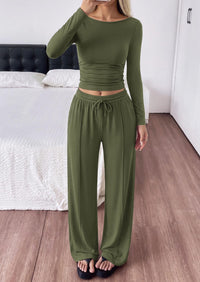 PRETTYGARDEN Women's Matching Lounge Sets 2 Piece Outfits  Boat Neck Long Sleeve , Wide Leg Pants Pockets, Ruched Waist, Travel Airport Resort Wear, Casual Fall Fashion Clothing
