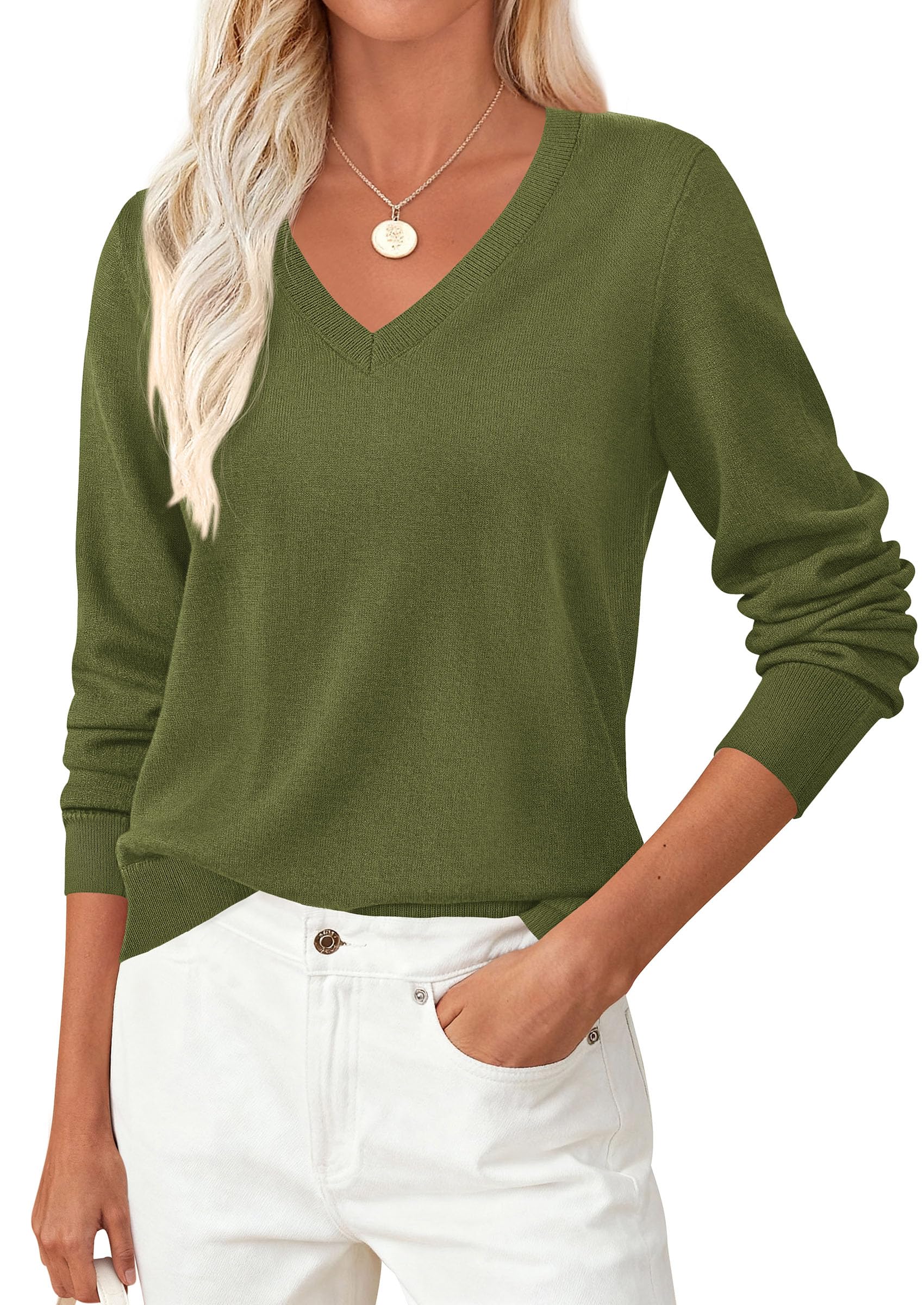 PRETTYGARDEN Women's V Neck Sweaters Fall Casual Long Sleeve Classic Pullover Cozy Knit Tops Loose Basic Winter Clothing PRETTYGARDEN