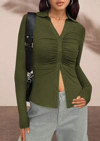 PRETTYGARDEN Womens Button Down Shirts V Neck Collared Ruched Slim Fit Long Sleeve Shirt Casual Fall Fashion Ladies Tops PRETTYGARDEN